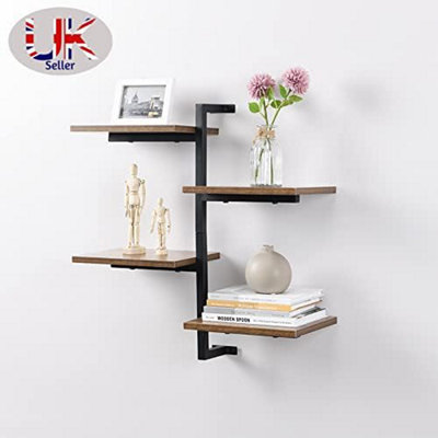 4 tier Vertical Black floating decorative hanging shelf with MDF wood rustic shelves and metal wire frame