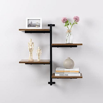 4 tier Vertical Black floating decorative hanging shelf with MDF wood rustic shelves and metal wire frame