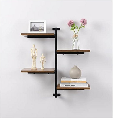 4 tier Vertical Black floating decorative hanging shelf with MDF wood rustic shelves and metal wire frame