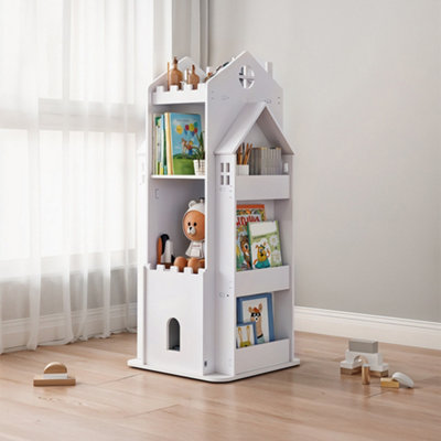 4-Tier White Castle Kids Rotating Bookshelf