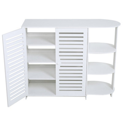 4 Tier White Modern Shoe Storage Cabinet with Double Doors and Open Shelf for Entryway