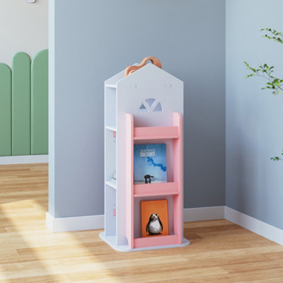 4-Tier White Pink Wooden Castle Kids Rotating Bookcase Bookshelf