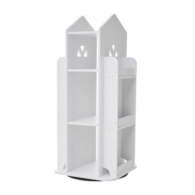 4-Tier White Pink Wooden Castle Kids Rotating Bookcase Bookshelf