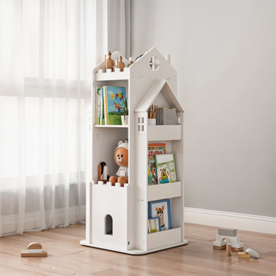4-Tier White Wooden Castle Kids Rotating Bookcase Bookshelf