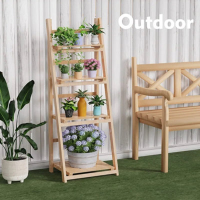Plant Ladder 4 Tier Shelf, Solid Wood Plant Rack Stand, Tall