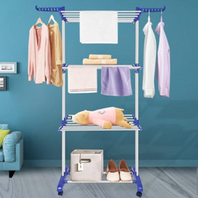 4-Tiers Foldable Stainless Large Space Clothes Drying Rack for Home Storage-Dark Blue