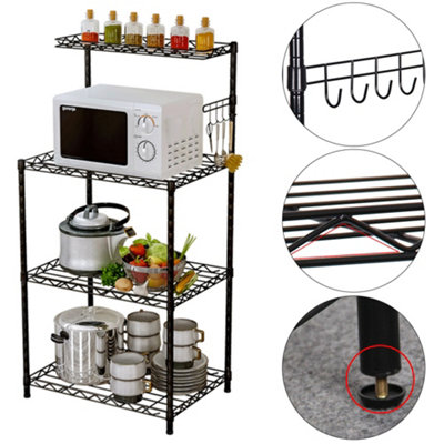 4 Tiers Metal Kitchen Shelf Microwave Storage Rack Pan Rack Spice Organizer with 5 Hooks