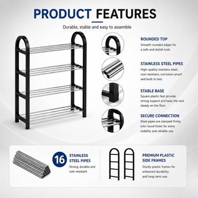 4 Tiers Shoe Rack Narrow Space Saving Shoe Stand, Adjustable Shoe Slots Racks Multi-Layer Footwear Storage Shelf for Entryway