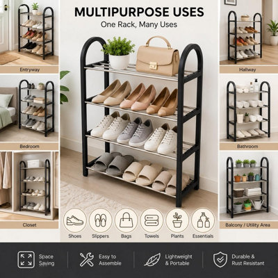 4 Tiers Shoe Rack Narrow Space Saving Shoe Stand, Adjustable Shoe Slots Racks Multi-Layer Footwear Storage Shelf for Entryway
