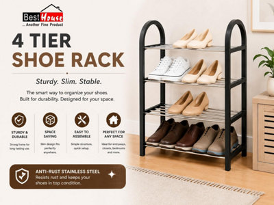 4 Tiers Shoe Rack Narrow Space Saving Shoe Stand, Adjustable Shoe Slots Racks Multi-Layer Footwear Storage Shelf for Entryway
