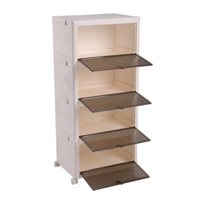 4 Tiers White Thicken Stackable Foldable Plastic Closet Shoe Storage ...