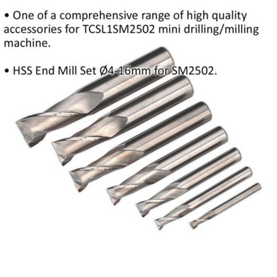 4 to 16mm HSS End Mill 2 Flute Set - Suits ys08796 Mini Drilling/Milling Machine