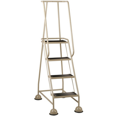 4 Tread Beige Mobile Warehouse Steps - Portable Safety Ladder with Wheels and Anti-Slip Treads