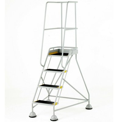 4 Tread Grey Mobile Warehouse Safety Steps with Guardrail - Portable Lightweight Stairs