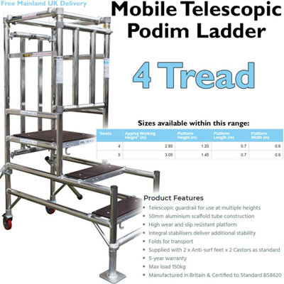 4 Tread Mobile Telescopic Podium Step Ladder 1.2m Tall Work Platform Safety Cage
