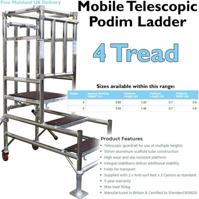 4 Tread Mobile Telescopic Podium Step Ladder - Safe Work Platform with Adjustable Height