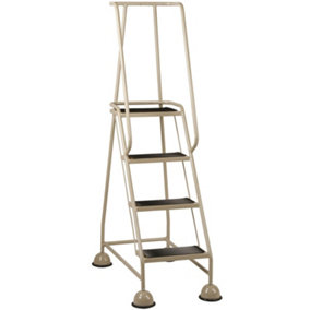 4 Tread Mobile Warehouse Steps BEIGE 1.68m Portable Safety Ladder & Wheels