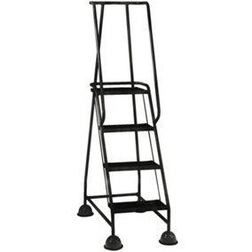 4 Tread Mobile Warehouse Steps BLACK 1.68m Portable Safety Ladder & Wheels