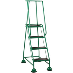 4 Tread Mobile Warehouse Steps GREEN 1.68m Portable Safety Ladder & Wheels