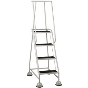 4 Tread Mobile Warehouse Steps GREY 1.68m Portable Safety Ladder & Wheels