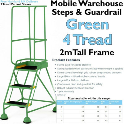 4 Tread Mobile Warehouse Steps & Guardrail GREEN 2m Portable Safety Stairs