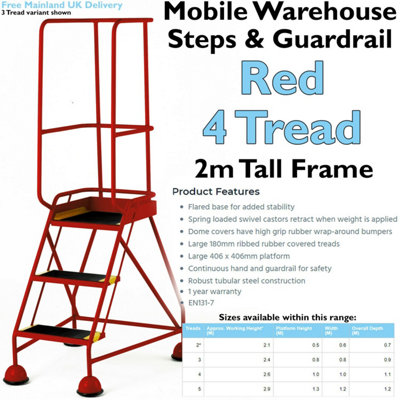4 Tread Mobile Warehouse Steps & Guardrail RED 2m Portable Safety Stairs