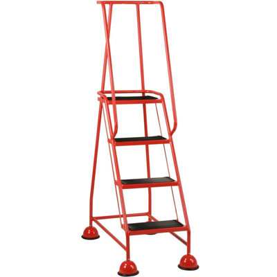 4 Tread Mobile Warehouse Steps in Red - 1.68m Portable Safety Ladder with Wheels