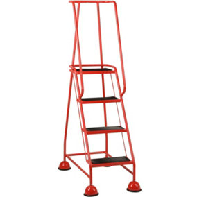 4 Tread Mobile Warehouse Steps RED 1.68m Portable Safety Ladder & Wheels