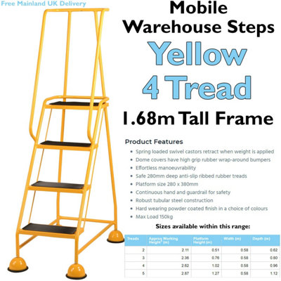 4 Tread Mobile Warehouse Steps YELLOW 1.68m Portable Safety Ladder & Wheels
