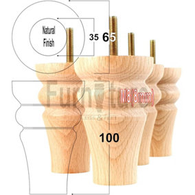 4 Turned Solid Wood Furniture Legs Replacement Settee Feet 100mm High Sofa Chair Bed M8 Natural SOF3211
