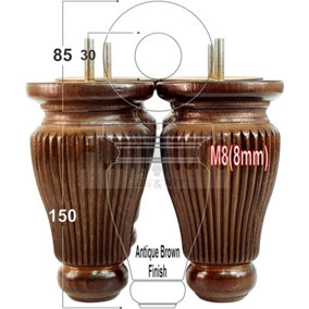 4 Turned Solid Wood Furniture Legs Replacement Settee Feet 150mm High Antique Brown Sofa Chair Stool Bed M8 SOF3215