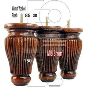 4 Turned Solid Wood Furniture Legs Replacement Settee Feet 150mm High Dark Walnut Wash Sofa Chair Stool Bed M8 SOF3215