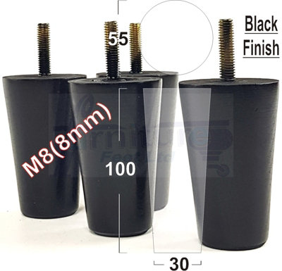 4 Turned Solid Wood Round Furniture Feet Replacement Mid Centry Retro Legs 100mm High M8 Black