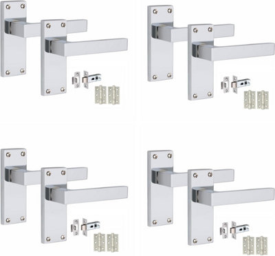 4 Victorian Straight Delta Handle Sets, Polished Chrome, 1 Pair 3" Ball Bearing Hinges, Latches Pack, 120mm x 40mm - Golden Grace