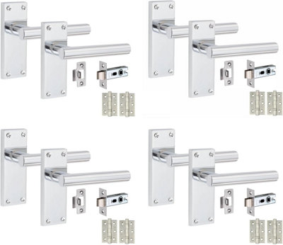 4 Victorian Straight T-Bar Handle Sets, Polished Chrome, 1 Pair 3" Ball Bearing Hinges, Latches Pack, 120mm x 40mm - Golden Grace