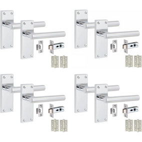 4 Victorian Straight T-Bar Handle Sets, Polished Chrome, 1 Pair 3" Ball Bearing Hinges, Latches Pack, 120mm x 40mm - Golden Grace