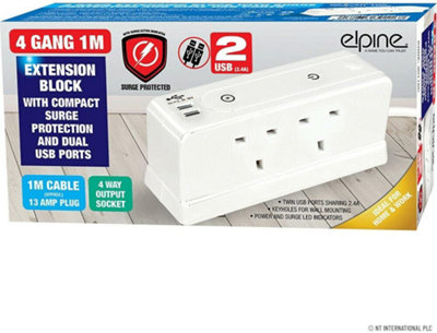4 Way 1 Metre Extension Block With 2 Usb Ports Cord Cable Electric Mains Power Socket