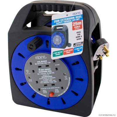 4 Way 25M Cable Extension Reel Lead Mains Socket Heavy Duty 13 Amp - Home, Office, Garden - Safety Cut Out Indoor & Outdoor Use