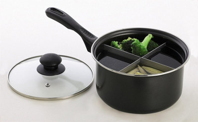 4-Way Divided Black Saucepan - Durable Carbon Steel Pan with Removable Divider - Measures 20cm Diameter