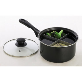 4-Way Divided Black Saucepan - Durable Carbon Steel Pan with Removable Divider - Measures 20cm Diameter