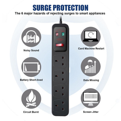4 Way Extension Lead Surge Protecetd with Switched Socket Black,1M