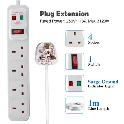 4 Way Extension Lead Surge Protecetd with Switched Socket White,5M