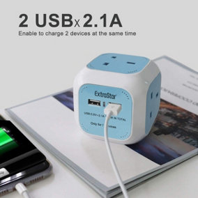 4 Way Magic Cube Socket with Cable 3G1.25,1.5M,Blue,with 2 USB charger,Child Resistant Sockets