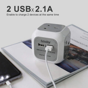 4 Way Magic Cube Socket with Cable 3G1.25,1.5M,Grey,with 2 USB charger,Child Resistant Sockets