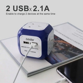 4 Way Magic Cube Socket with Cable 3G1.25,1.5M,Nacy Blue,with 2 USB charger,Child Resistant Sockets