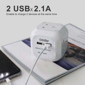 4 Way Magic Cube Socket with Cable 3G1.25,1.5M,White,with 2 USB charger,Child Resistant Sockets