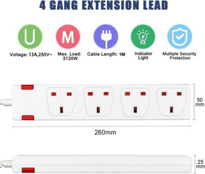 4 Way Socket 13A, 5M, White, Power Indicator, Child-Resistant Sockets
