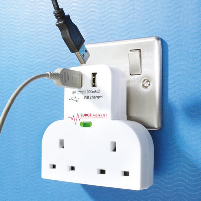 4 Way Socket Adapter with 2 3-Pin Sockets & 2 USB Ports - Surge Protected Wall Mounted Extension Plug Power Point Extender