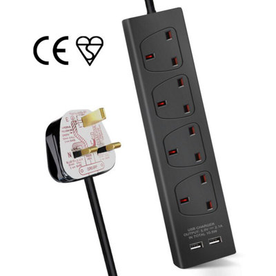 4 Way Socket with Cable 3G1.25,1M,Black,with 2 USB Charger,Child Resistant Sockets