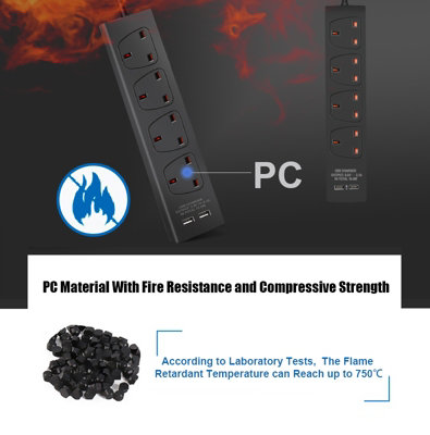 4 Way Socket with Cable 3G1.25,1M,Black,with 2 USB Charger,Child ...